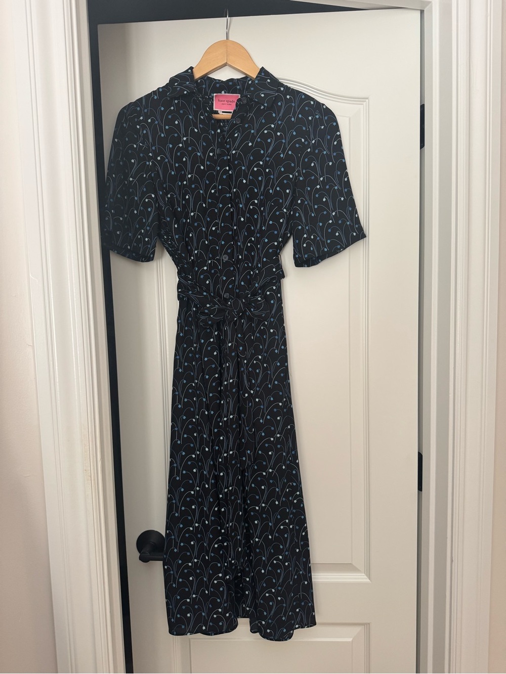 kate spade Black Midi Dress with Blue Dot Vine Print and Tie Waist